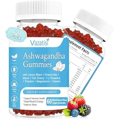 Vazatisi 2 Pack Sugar Free Ashwagandha Gummies for Women Men, 2500mg Organic Ashwa Root Extract Supplement for Relax Restore Balance, Vegan Gluten Free, 120 Count Cover
