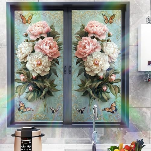 Image of Pink Peony Butterfly Window Film 17.32x39.37in Cling