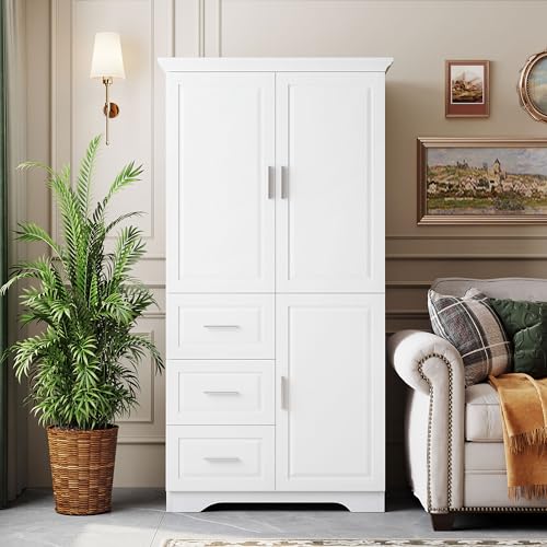 Image of Merax 62.2 inch Pantry Cabinet with Three Doors & Three Drawers, Adjustable Shelves Storage Cupboard for Kitchen /Dining Room /Bathroom, White