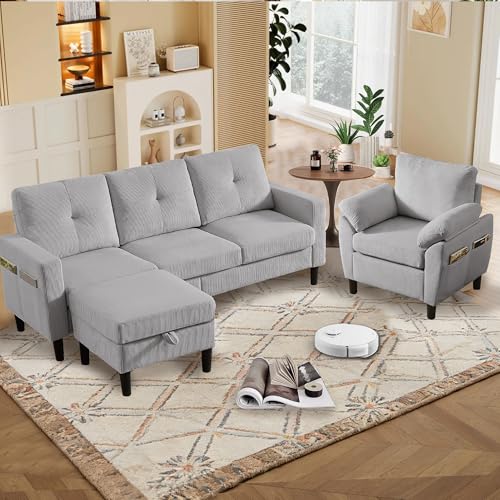 Image of 3 Pieces Sofa Set for Living Room with Sofa, Storage Ottoman and Single Chair