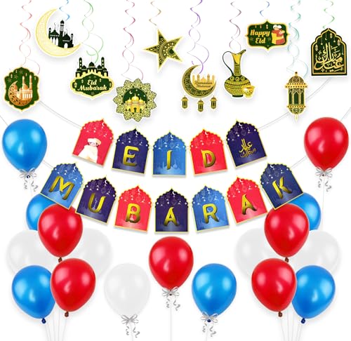 Image of Rozi Decoration Eid Mubarak Balloons Decorations Set of 41 Pcs with Blue, White & Red Balloons Decoration for Ramzan, Eid, Un Nabi Celebrations; Paper, Rubber