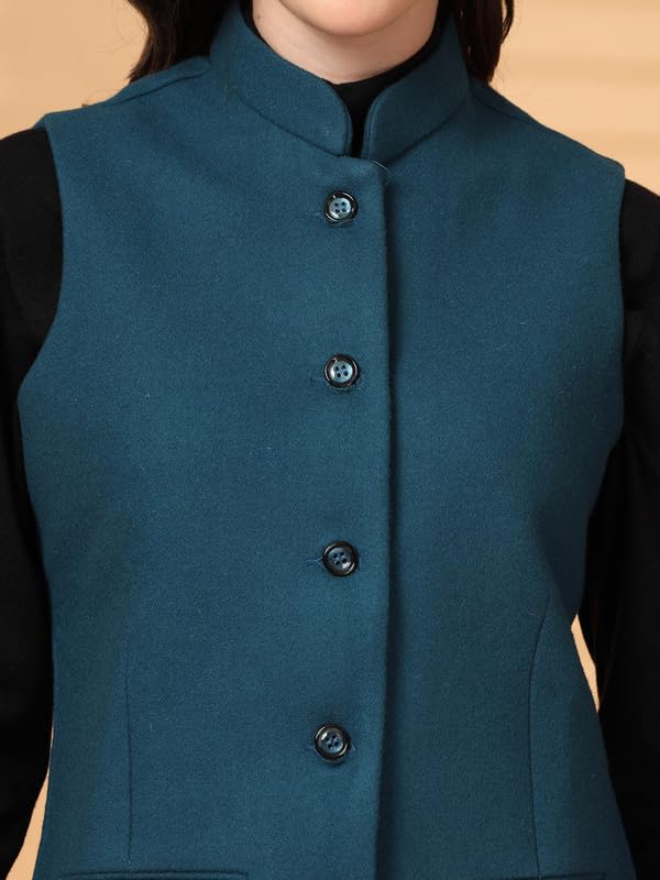 Image of Vastraa Fusion Solid Indian Traditional Ethnic Waistcoat Festive Woolen Nehru Jacket for Women