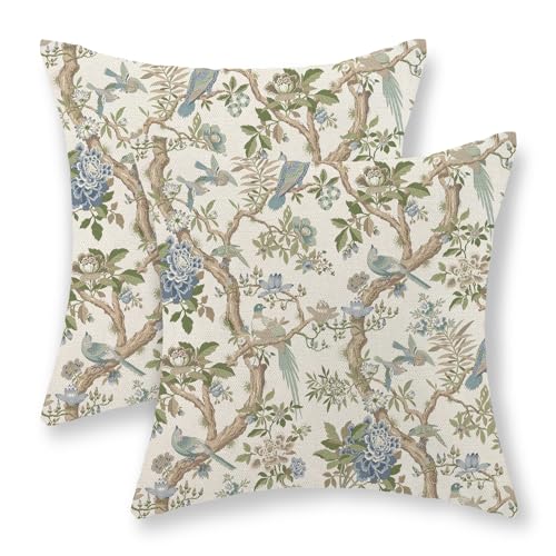 Chinoiserie Pillow Covers 18x18 Set of 2 Blue Green Bird Floral Throw Pillows Vintage Blue Flowers Decorations Outdoor Pillowcase Chinoiserie Decor Farmhouse Linen Cushion Case for Couch Home