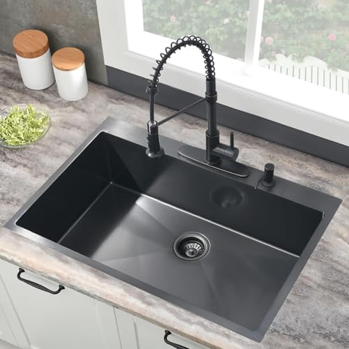 Jshozzy Black Stainless Steel Kitchen Sink, 33x19 Drop in Black