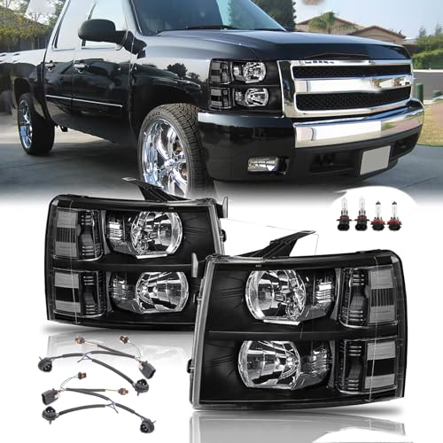 Headlights Assembly w/Bulb & Wiring Harness for 2007-2013 Chevy Silverado 1500 07-14 Silverado 2500HD 3500HD Replacement Headlamp Assembly Black Housing Clear Side