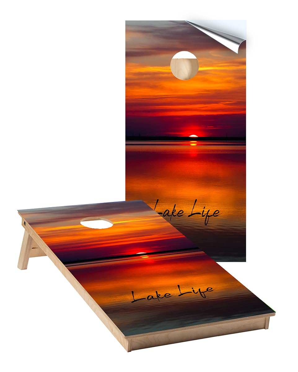 Cornhole Board Wraps 402 - Lake Life Sunset Cornhole Game Graphic Decals - Includes Application Squeegee - Set of (2) 25