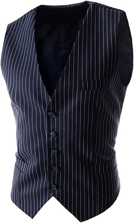 GATMSTZ Men Formal Pinstripe 5 Buttons Suit Vest Slim Fit V-neck Groom Waistcoat2