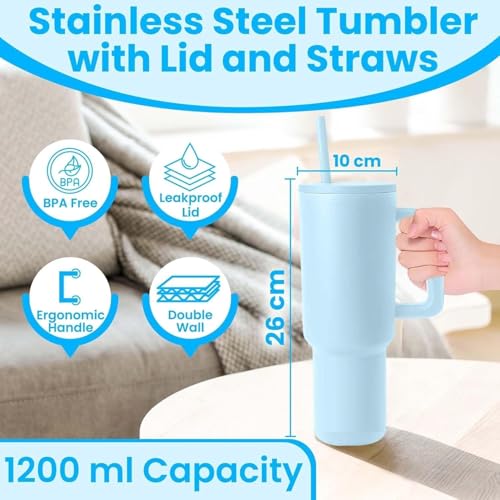 Image of Stainless Steel Tumbler with Steel and Plastic Straw,1200ml Capacity Double Insulated Cup 100% Leak Proof Mug Cupholder for Gym, Travelling and Office (Retro Mint Personalised)
