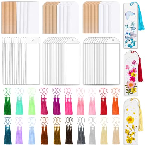 240 Pcs Kraft Paper Blank Bookmarks 3 Sizes 2 Colors Bookmark Making Kit with 80 Pcs Clear Bookmark Sleeves & 80 Pcs Colorful Tassels Paper Book Mark Bulk for DIY Crafts Gift Tags School Projects