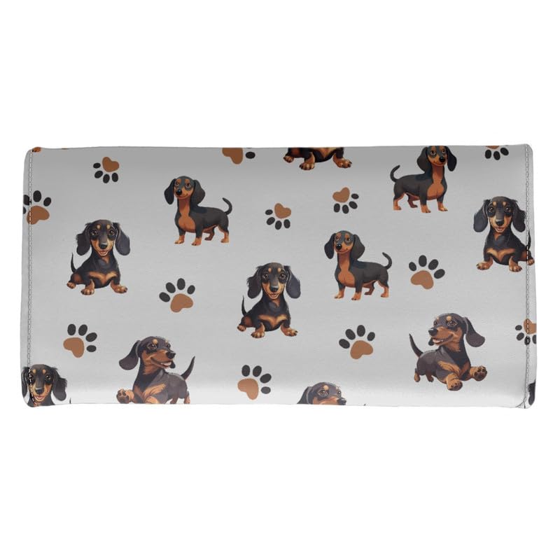 Hawaii Dachshund Dogs Womens Leather Wallets with Coin Pocket, Fun Puppy Paws Tri-fold Clutch with ID Card Transparent Slot, Grey Large Capacity Money Manager 5