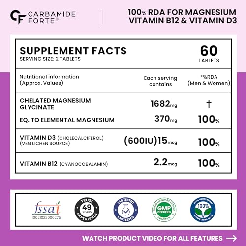 Image of Carbamide Forte Magnesium Glycinate for Women 1682mg | Magnesium supplement for women with Vitamin D3 & B12 | High Absorption Formula For Muscle Recovery, Sleep & Bone Health | 60 Veg Tablets