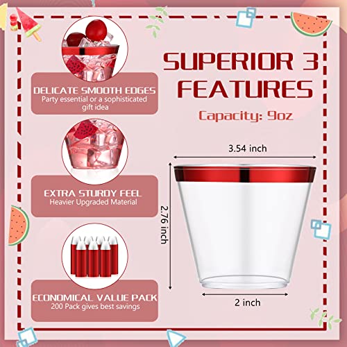 200 Pcs 9 Oz Disposable Wine Glasses Rimmed Plastic Cups Heavy Duty Clear Cocktail Glasses For Party Wedding Birthday Bridal Baby Shower Holiday Celebrations Supplies (Red) #TOP1