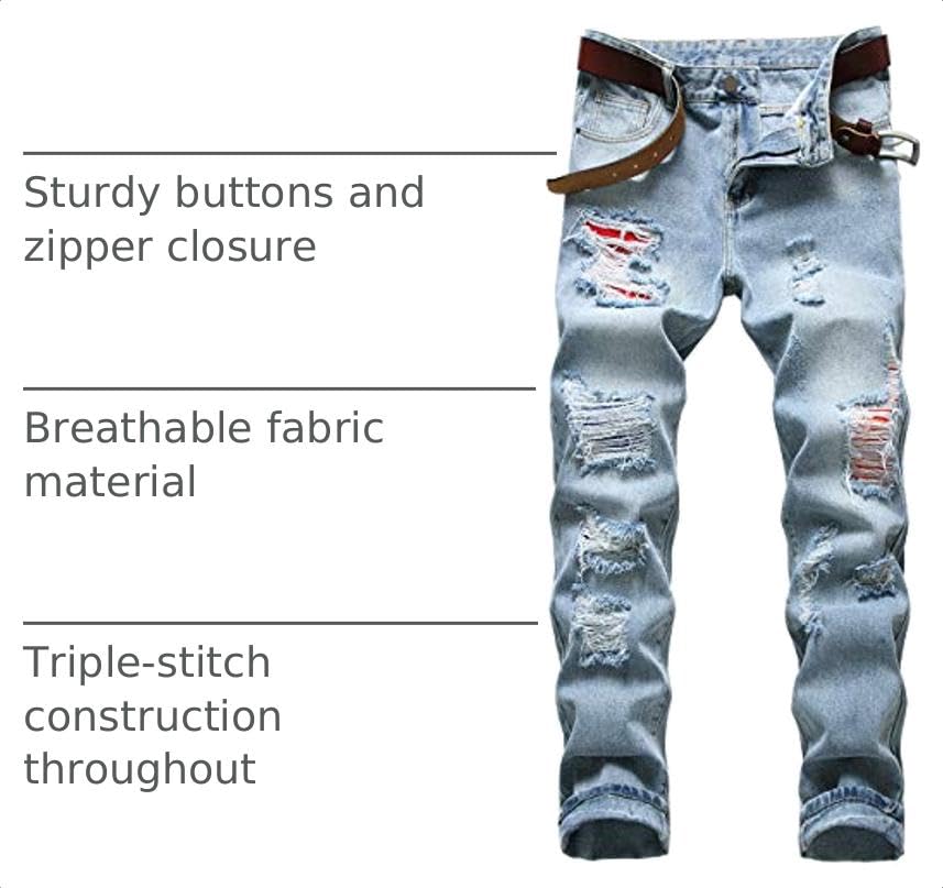 Image of Men's Ripped Slim Fit Jeans Straight Leg Denim Pants