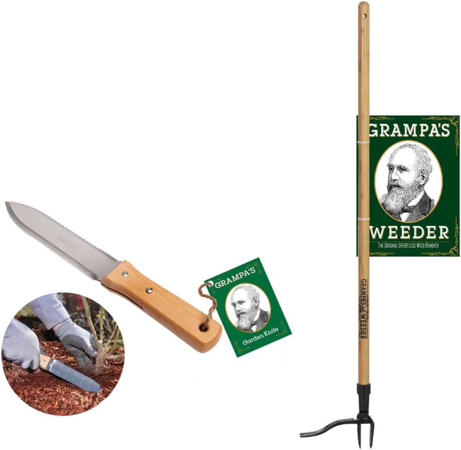 Grampa's Weeder & Garden Knife Bundle - Original Stand Up Weed Puller with Bamboo Handle & 4-Claw Steel Head + Versatile 7" Hori Hori Knife with Serrated & Straight Blade for Weeding, Digging, and Pla