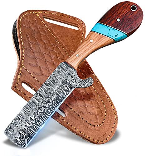 WARLOCKS CLUB WarlocksClub Handmade Damascus Hunting Knife, 8' Fixed Blade Knife with Sheath, Full Tang Cowboy Knife, Skinning Knife, EDC Bull Cutter Knife for Outdoor Camping