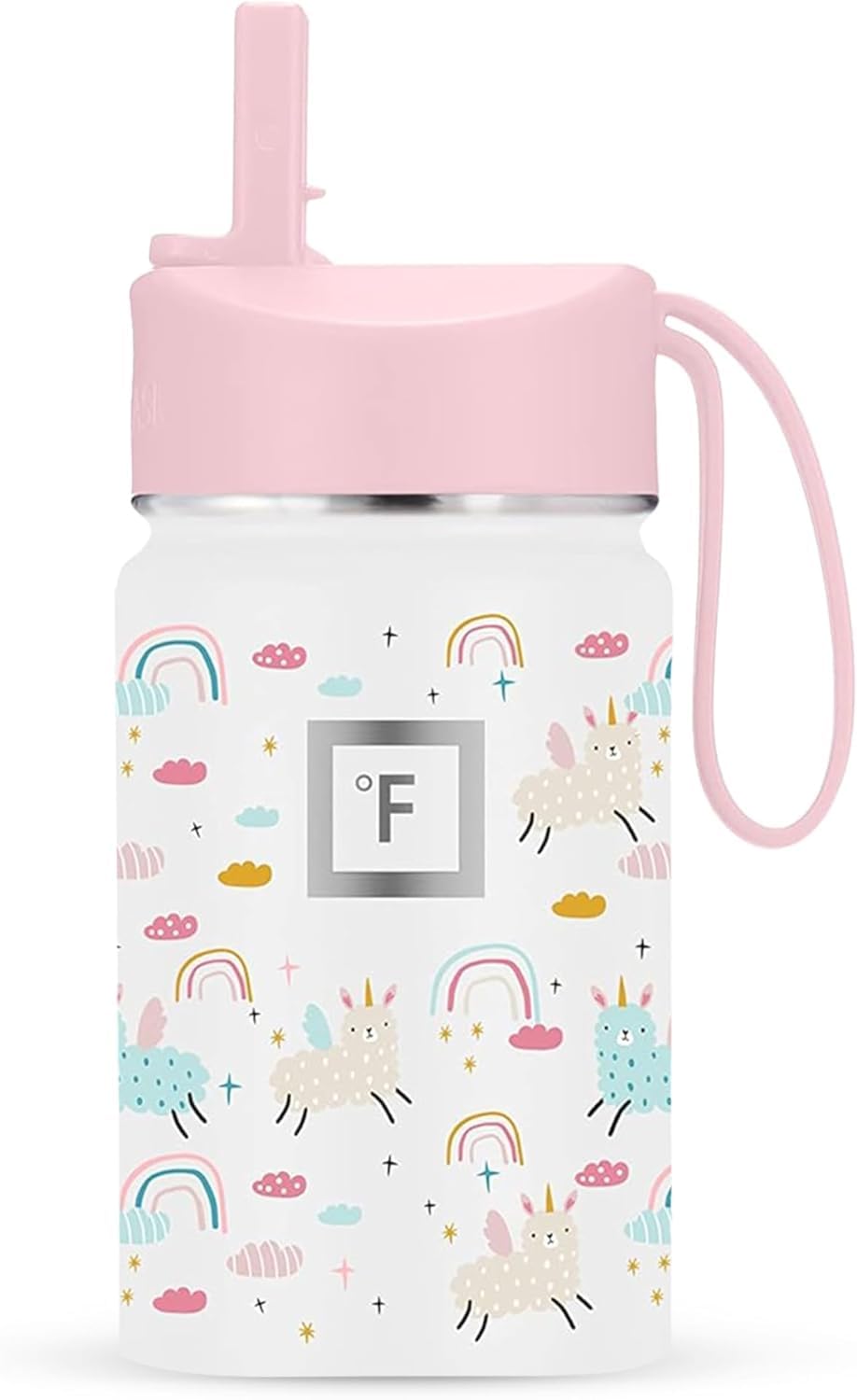 Kids Water Bottle - Straw Lid, 20 Name Stickers, Vacuum Insulated Stainless Steel, Double Walled Tumbler Travel Cup, Mug - Lama Rainbows, 10 Oz