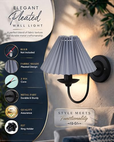 Image of Homesake Antique Brass Wall Sconces Lighting Fixture, E27 Industrial Vintage Gold Wall Light Lamp Bathroom Decor for Bedroom Living Room, Black, Fabric Shade, (Grey Pleated)
