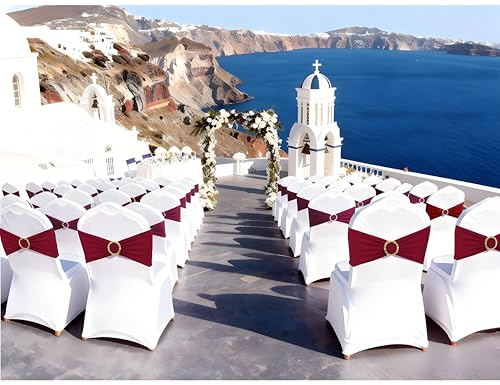 Image of Burgundy Chair Sashes 50 Pack with Gold Buckle Slider, Spandex Wine Red Chair Bands Bows for Folding Chairs Wedding Party Banquet Decor
