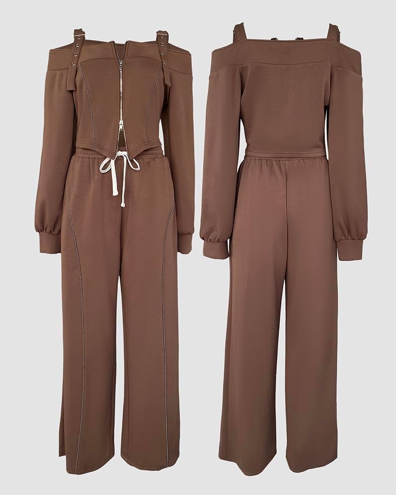 CHICME Two Pieces Sets for Women Spring Cold Shoulder Long Sleeve Tops Wide Leg Pants Matching Lounge Sets Airport Outfit - Image 5