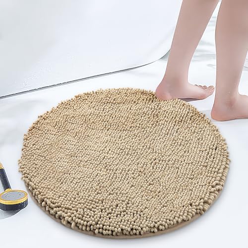 Smiry Luxury Chenille Round 24x24, Extra Soft and Absorbent Shaggy Bathroom Mat Rugs, Machine Washable, Non-Slip Plush Carpet for Tub, Shower, and Bath Room, Beige