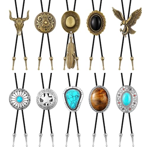 Image of 10 Pcs Bolo Tie for Men Women Western Cowboy Accessories Leather Necktie with Tiger Eye Stone Costume Accessories