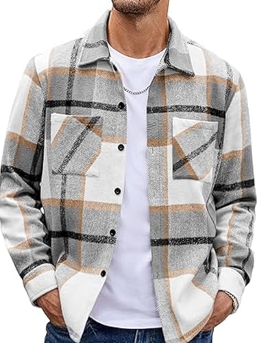 EUDOLAH Camisa de Franela Hombre a Cuadros Overshirt Manga Larga Estilo Leñador Cuello Abotonado y Ajuste Regular Fit Estilo Casual Vintage(M,Gris Claro)