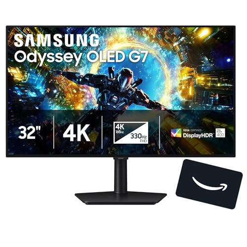 Image of Samsung 32 inch Odyssey OLED G7 (G73SH) Gaming Monitor + $200 Amazon Gift Card, 4K Resolution, 165Hz, Dual Mode FHD 330Hz, 0.03ms, Glossy OLED, HAS /Tilt /Swivel /Pivot, 3 Year Warranty, LS32HG732SNXZA