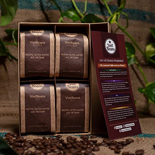 VietBeans Probierset - Vier spannende Kaffeesorten für Kaffeeliebhaber - Geschenkset - 4 Exklusive Kaffeespezialitäten – Kaffeegeschenk… (Gemahlener Kaffee)