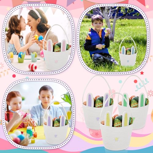 Image of Beeveer 6 Pack Easter Baskets with Handle Woven Bunny Egg Hunt Basket with Rabbit Ears Print Bags Empty Easter Treat Bag Cotton Woven Egg Box for Gifts Party Decorations Favors(Colorful)