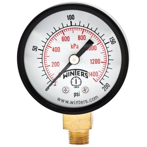Winters 2 inch Dial Size, Economy Utility Dry Pressure Gauge, Brass Internals, Black Steel Case, Dual Scale 0-200 psi/kPa, 3-2-3% Accuracy, 1/8 inch NPT Bottom Mount, Multi Function Pressure Gauge Cover