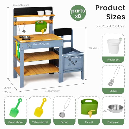 Image of Frogprin Mud Kitchen for Kids, Outdoor Play Kitchen with Planter Box, mud Kitchen Accessories, Gardening Tool Toy Set, Removable Sink Faucet, Wooden Pretend Kitchen for Boys Girls 3+ Indoor