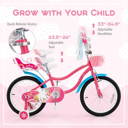 Image of BABY JOY Girls Bike with Streamers & Doll-Seat, Kids Bike for 3-8 Years Old | 12 14 16 18 20 Inch Children Bicycle w /Detachable Training Wheels or Kickstand, Storage Basket, Adjustable Seat and Handlebar