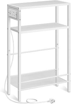 HOOBRO Slim Side Table with Charging Station, Narrow Bedside Table for Small Spaces, 3-Tier End Table with USB & Type-C Ports, White EWW102KBZ01