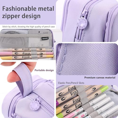 Image of Large Capacity Pencil Case 3 Compartments, Pencil Case with Zipper Portable Handle, Aesthetic Pencil Pouch Stationery Organizer for Office College School Teen Girl Boy (3 Compartments-Purple)