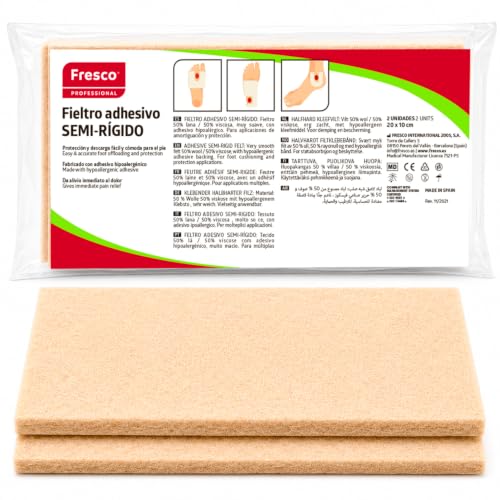 Fresco Fieltro Adhesivo semi duro. Podología. Descargas y protección en el pie. Apto pie diabético. 2 láminas 20x10cm, 8mm Grosor.