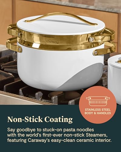 Image of Caraway Small & Large Steamer Set - Made with Handles - Non Stick, Non Toxic Coating - Steam Veggies, Seafood, and More - Compatible With Our Dutch Oven or Sauce Pan - 3qt & 6.5qt - Gold