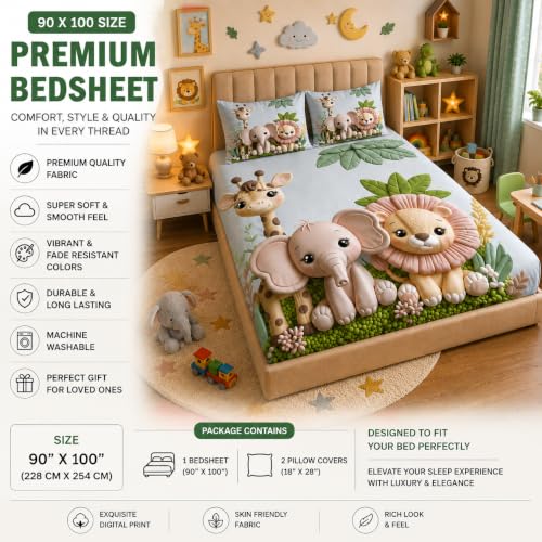 Image of DECORUM Premium Digital Kids Printed BEDSHEET (90 X 100) Inch with 2 King Size Pillow Covers - HIGH-Definition Design & Superior Comfort (Heavy Quality) BEDSHEET Pastel Jungle Friends