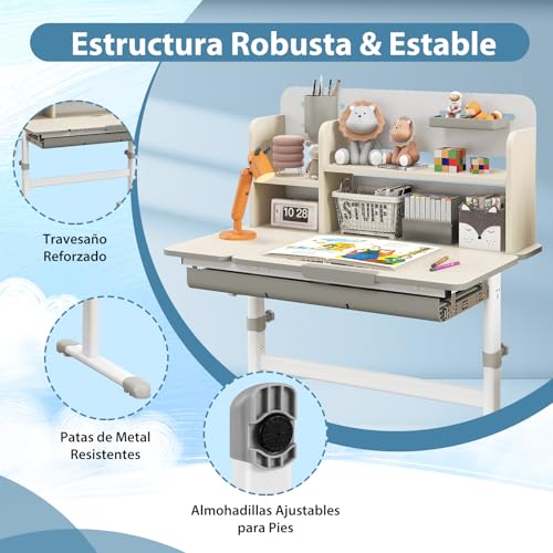 Miniatura 6 de Goplus Escritorio De Estudio Infantil Multifuncional Con Escritorio Inclinable, Mesa De Estudio Para Niños Altura Ajustable, Cajón Extraíble, Soporte Para Libros, Para Niños De 3-12 Años Gris
