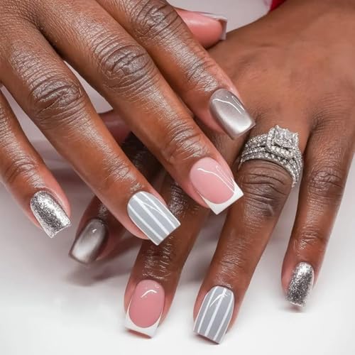 Image of Silver Glitter Press on Nails Short Square Fake Nails French Tip False Nail with Striped Design Full Cover Glossy Stick on Nail for Women Salon Manicure 24Pcs