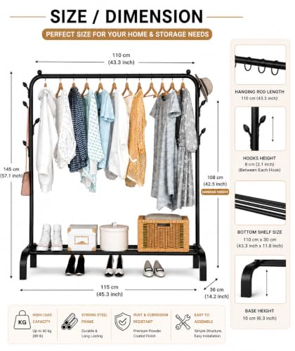 Image of Metal Multifunctional Heavy-Duty Quality Garment Stand Cloth Rack Freestanding Storage Organizer with Bottom Shelves Adjustable Folding Single Pole for Living Room