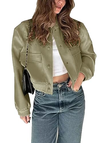 Megfie Womens Cropped Bomber Jacket Button Down Varsity Jackets Shackets With Pockets, Green, M