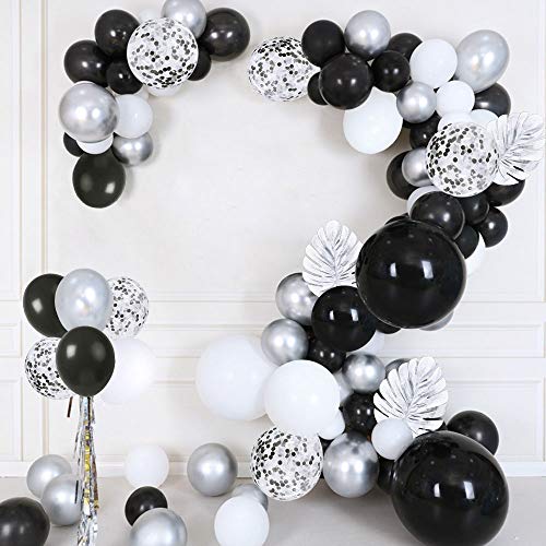 SPECOOL 100 Pcs Ballon Guirlande Kit Balloon Arch Kit Décoration d Anniversaire de Ballon Noirs Confettis, Argent Métallisé Ballon en Latex Pack pour Anniversaire De Mariage Toile De Fond Décorations