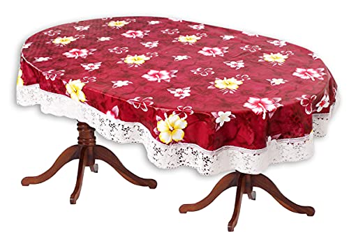 Image of The Furnishing Tree Waterproof PVC Oval Shaped 10 Seater Table Cover WxL 60x120 inches Floral Pattern Red with White Border lace