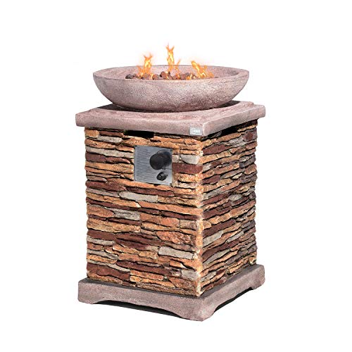 COSIEST Outdoor Propane Fire Pit Table w Faux Brown Compact Ledge Stone 20' Square Base and Faux...