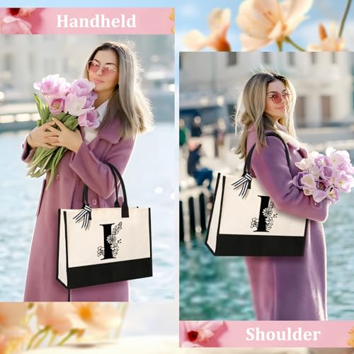 Image of Tecanne Personalized Initial Canvas Tote Bag, Suitable for Birthday, Wedding, Beach, Holiday, Gifts for Women, Mom, Teachers, Nurses, Best Friends, Bridesmaids (I)