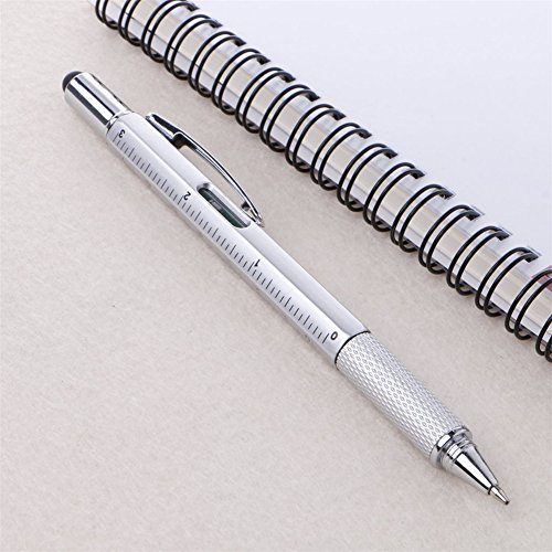 Multifunction Tool Pen, 6 in 1 Tool with Ballpoint Pen, Touch Screen Stylus, Ruler, Spirit Level, Flat-head and Phillips Screwdriver, All-in-One Tech-Tool Pen with Ink Refills (Silver + 2×Refills)