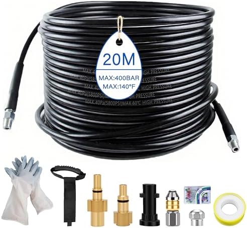 20m Universal Rohrreinigungsschlauch Set, 5800 PSI/400 bar,Rohrreiniger Premium Set mit Adapter und Düsen&Handschuhe,kompatibel mit Kärcher k2-k7, Lavor, Bosch Hochdruckreiniger
