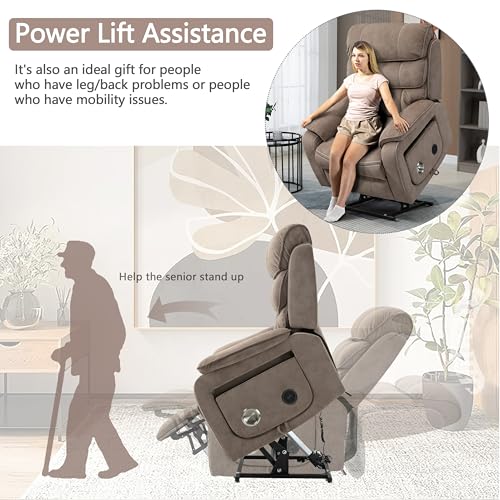 Power Lift Recliner Chair for Adults Elderly Lay Flat Velvet Recliners with Massage Heating, Extended Footrest, Wireless Charging Device, USB Ports, Cup Holder, Lumbar Pillow