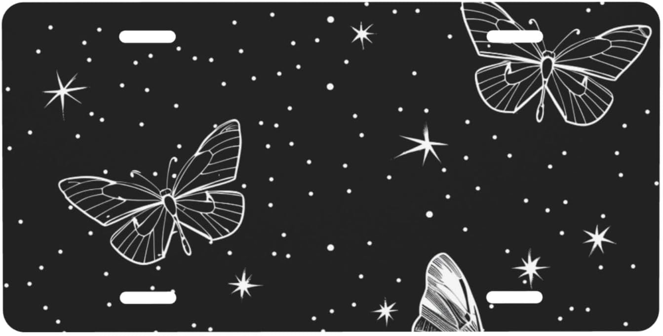 Black White Vintage Butterfly Front License Plate Car Decor Accessory Aluminum Metal Decorative Car Plate Funny Novelty Vanity Tag with 4 Holes for