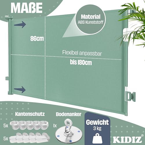 KIDIZ® Treppenschutzgitter Türschutzgitter ausziehbar 0-180CM | kindersicheres Treppengitter für Babys & Haustiere | Schutzgitter für Treppen & Türen Absperrgitter inkl. Bodenanker & Montagezubehör